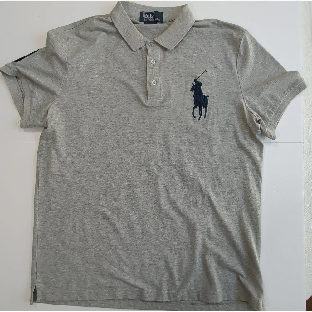 Vintage Ralph Lauren Polo Shirt Mens M Custom Fit Grey Big Pony Number 3 Preppy